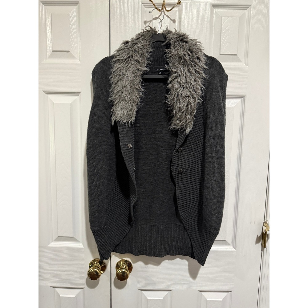 Zac & Rachel Womens XL Gray Faux Fur Trim Sleeveless Cardigan Vest Sweater Knit
